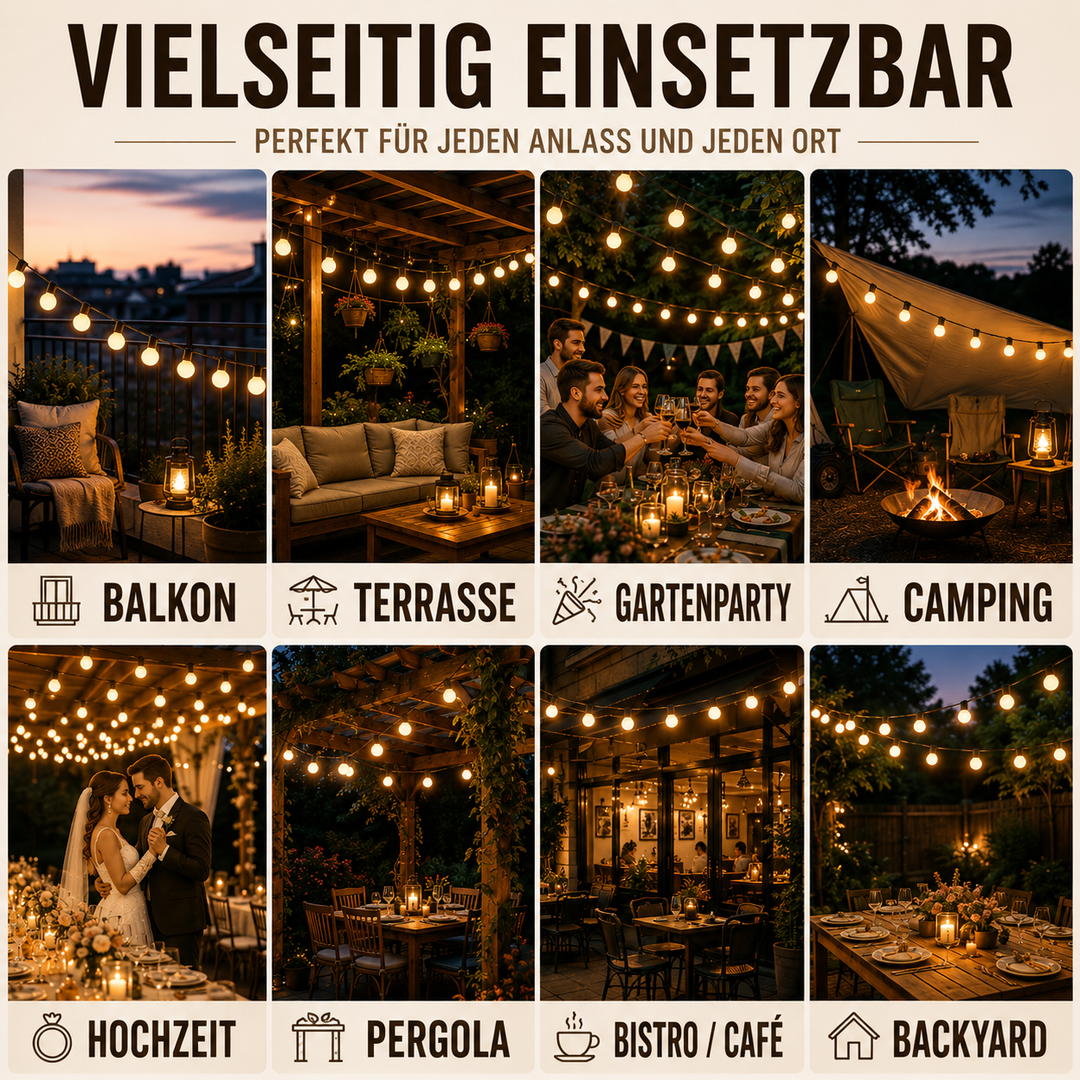 Stimmungsvolles Partylicht für den Außenbereich mit warmweißen LEDs