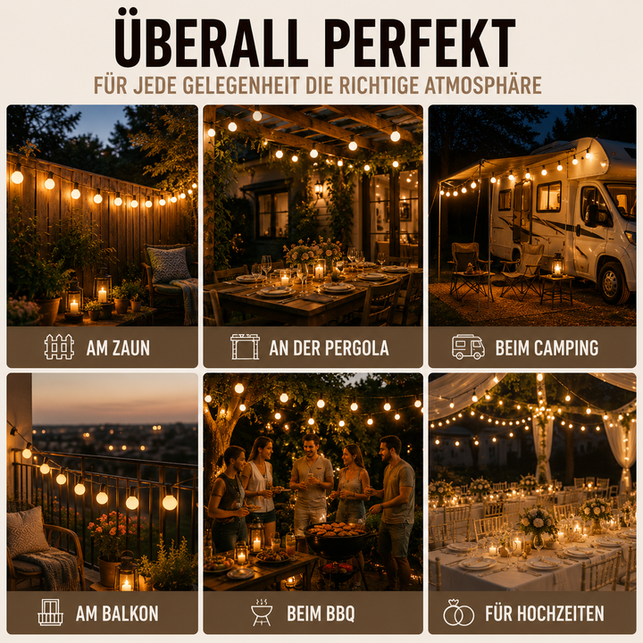 Wasserdichte Lichterkette für Terrasse und Balkon mit warmem Licht