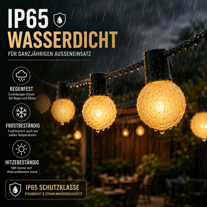 Gartenbeleuchtung LED Lichterkette im Einsatz bei Nacht auf dem Sitzplatz