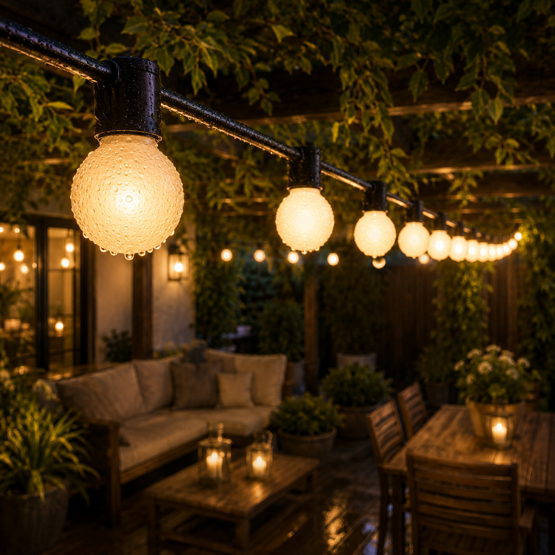 Wetterfeste LED-Lichterkette mit warmweißem Licht auf einer gemütlichen Terrasse