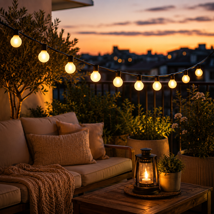 Lange LED Lichterkette beleuchtet die Terrasse für abendliche Feiern