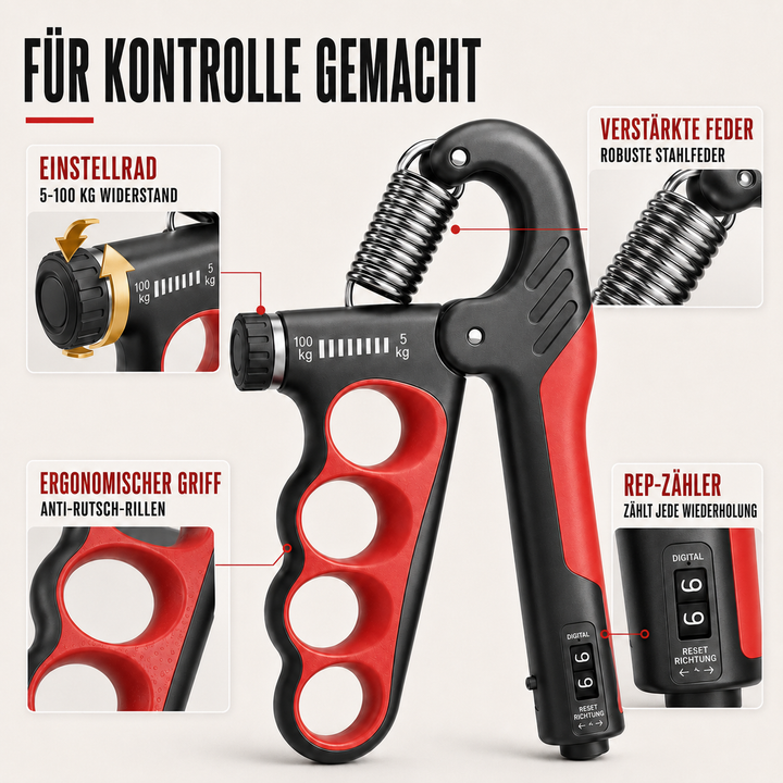 Nahaufnahme des Widerstandsmechanismus am Grippora Handtrainer, der die Einstellbarkeit von 5 kg bis 100 kg zeigt.