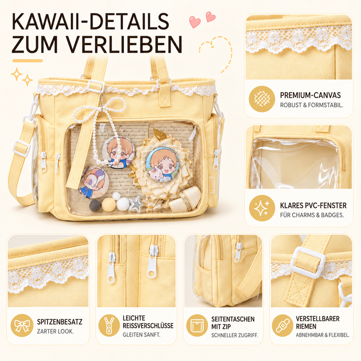 Japanische Itabag Umhängetasche in Schwarz mit großem Sichtfenster für Anime Pins und Merchandise