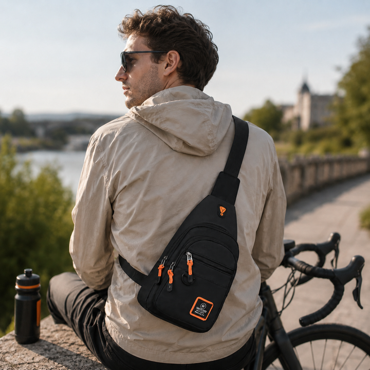 Kleine Crossbody-Umhängetasche in Schwarz beim Radfahren getragen