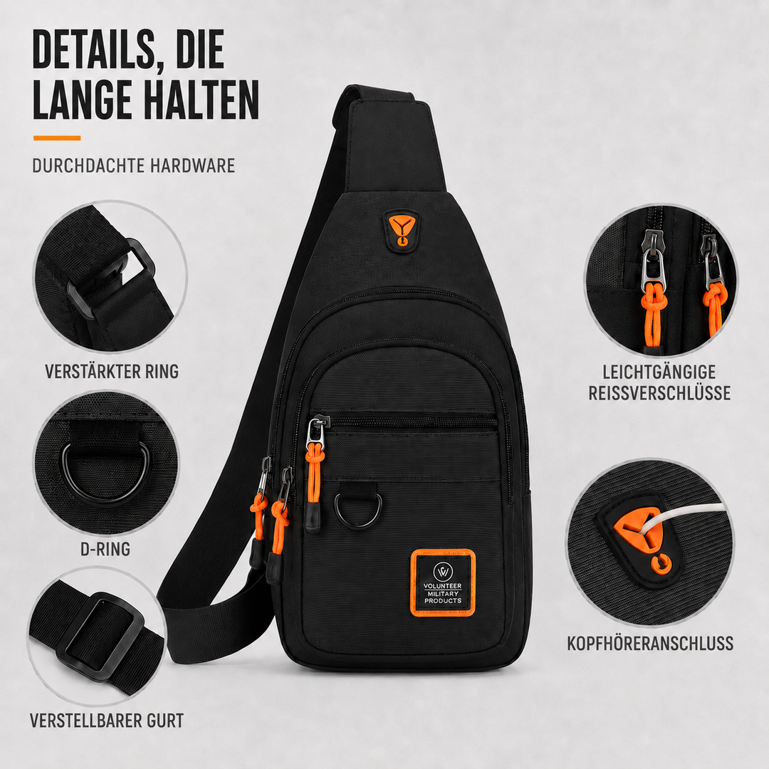 Detailansicht der Crossbody-Tasche mit Reißverschlüssen und D-Ring
