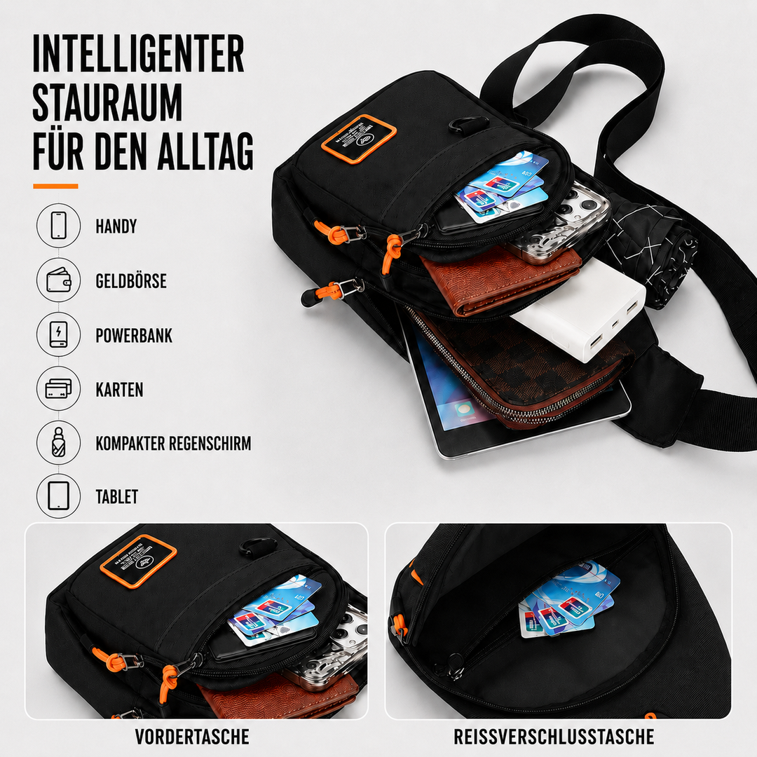 Ansicht der Crossbody-Umhängetasche in klassischem Schwarz