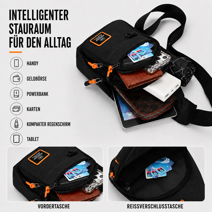 Ansicht der Crossbody-Umhängetasche in klassischem Schwarz