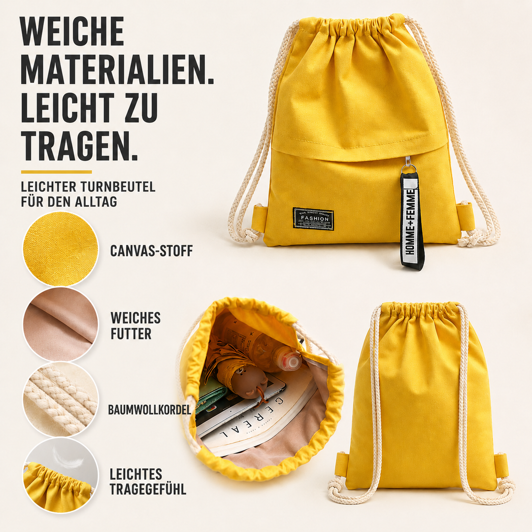 Weisser, leichter Zugbeutel-Rucksack aus Canvas, stilvoll für Damen und Herren, Alltag.