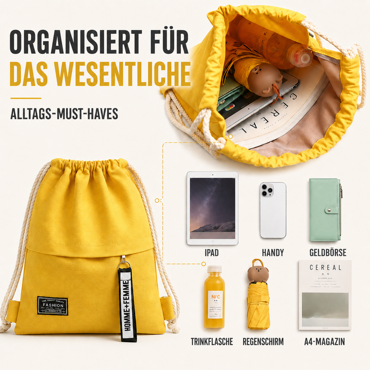 Gelber Zugbeutel-Rucksack, leicht & praktisch für Freizeit, Sport und Reisen. Unisex Design.