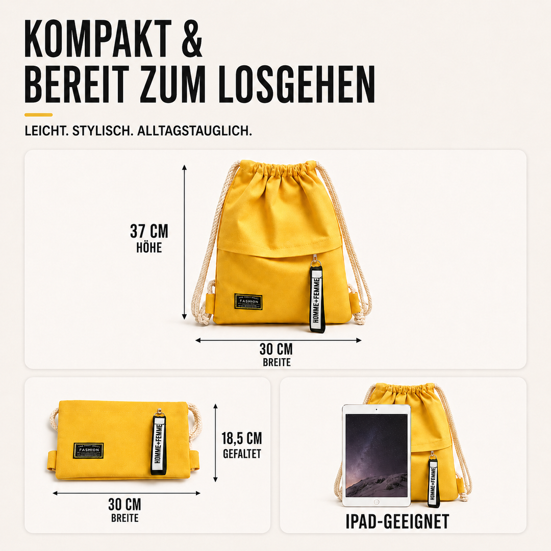 Khaki Canvas Zugbeutel-Rucksack, leicht, vielseitig für Alltag und Outdoor-Aktivitäten.