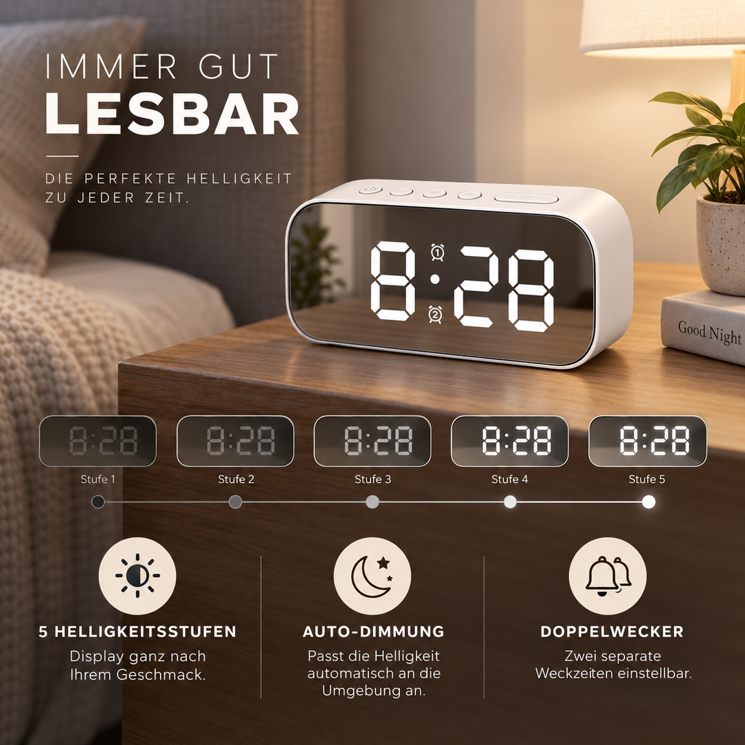 Schlafzimmer Nachttischuhr mit energiesparendem LED Display und schickem Gehäuse
