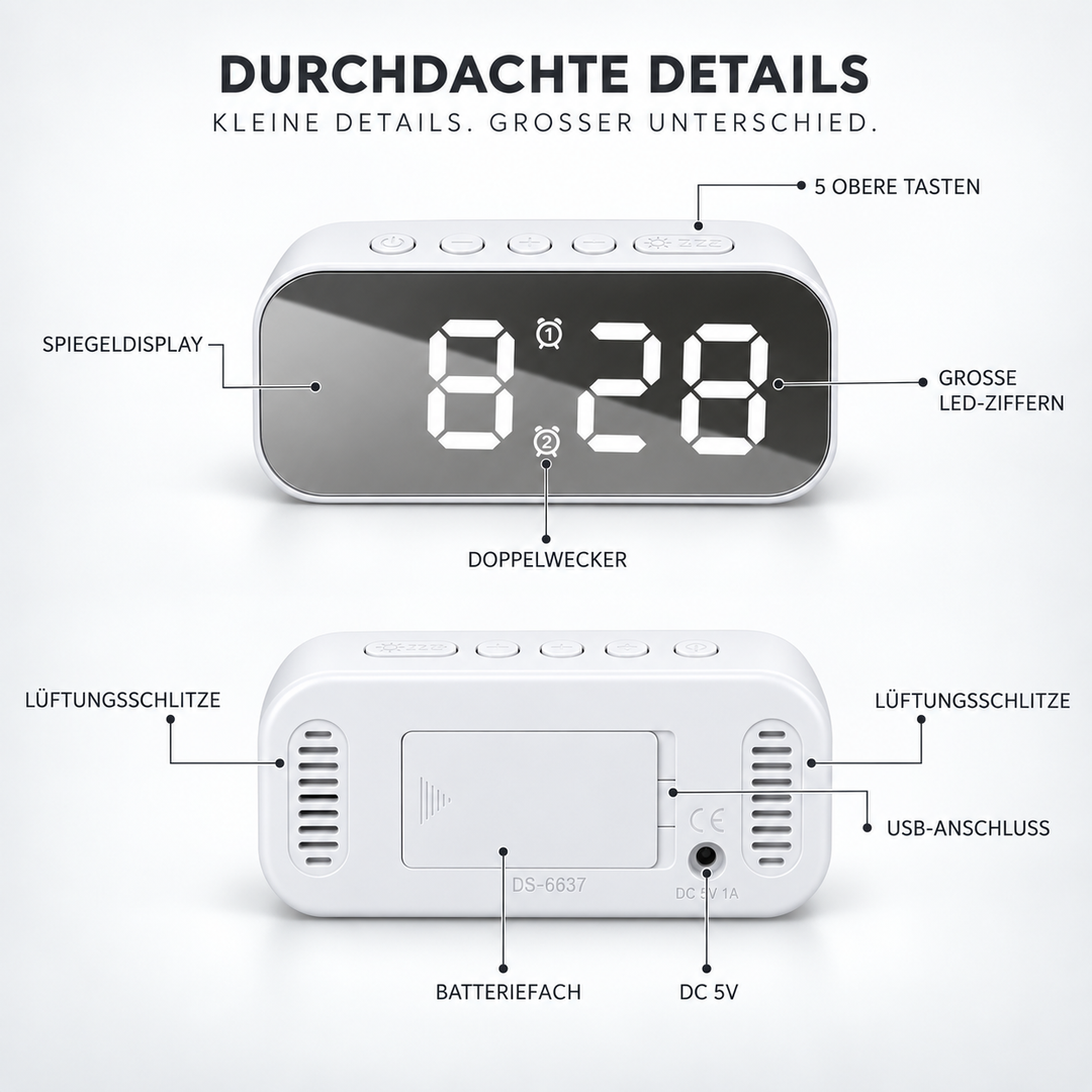 Schwarze LED Tischuhr mit klarer Ziffernanzeige und integrierter Temperaturanzeige