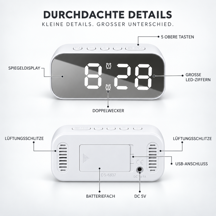 Schwarze LED Tischuhr mit klarer Ziffernanzeige und integrierter Temperaturanzeige