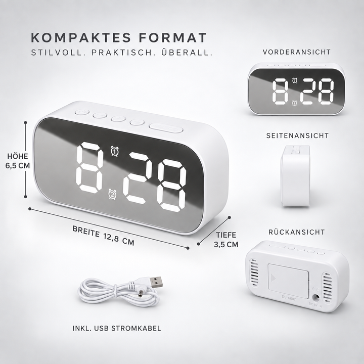 Moderner LED Digitalwecker mit minimalistischem Design für das Schlafzimmer auf einem Nachttisch