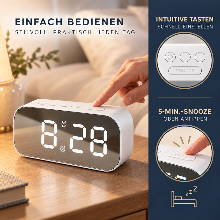 Kompakter digitaler Wecker mit heller LED Beleuchtung und modernem Look