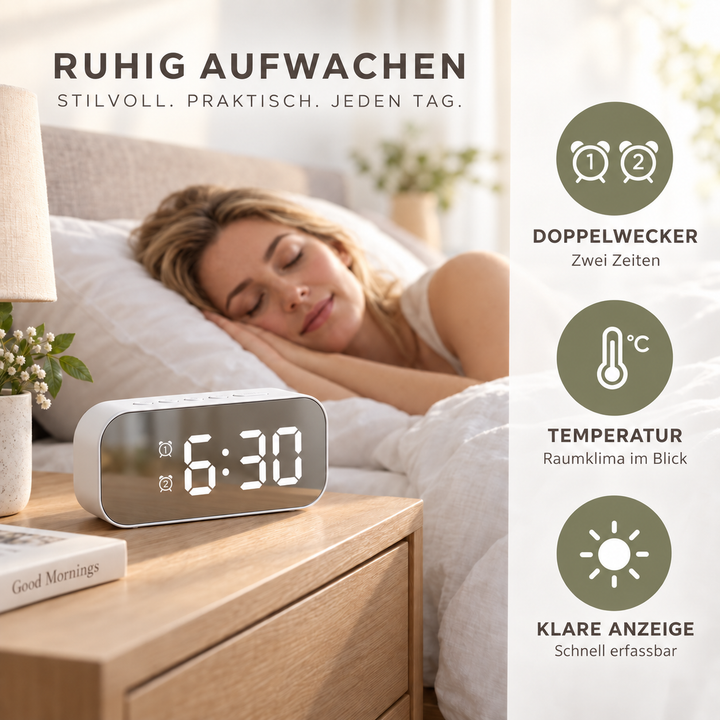 Minimalistischer Wecker mit digitaler Anzeige für Uhrzeit und Raumtemperatur