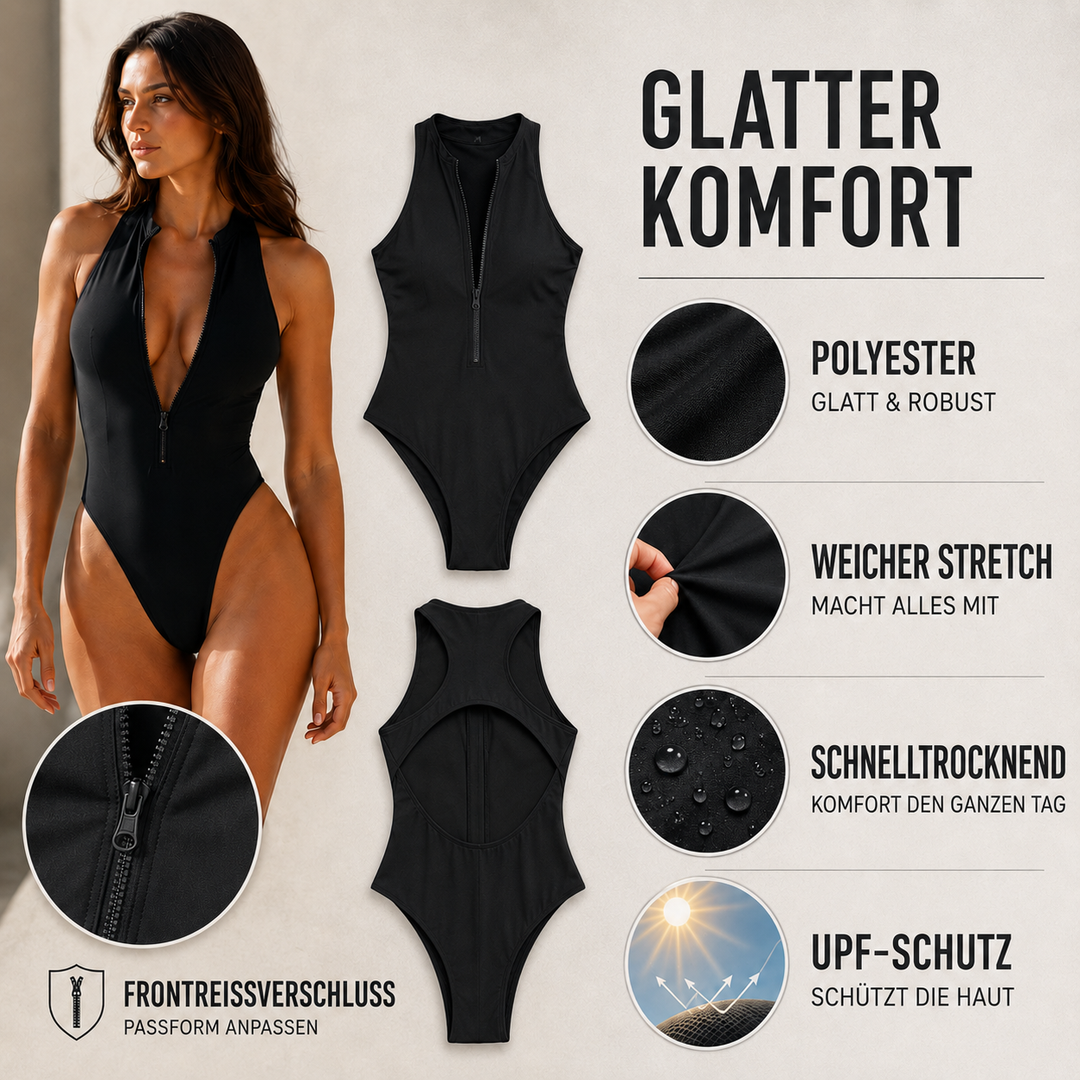 Schwarzer Sport Badeanzug für Damen, einteilig mit praktischem Reißverschluss