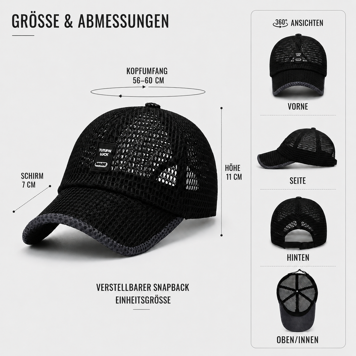 Größenangaben und Ansichten der Mesh Baseballkappe