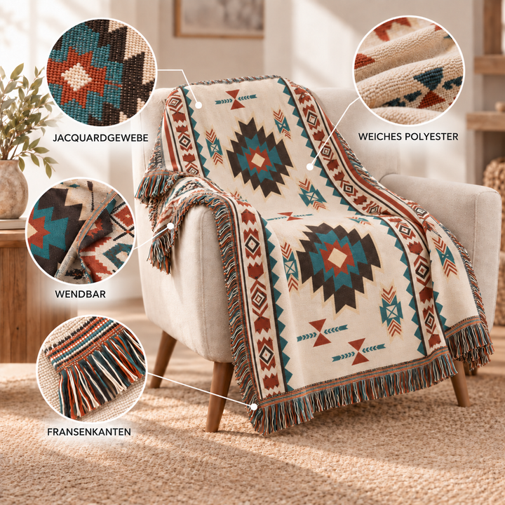 Stilvolle Sofadecke mit Azteken-Design in harmonischen Farben und weichen Fransen