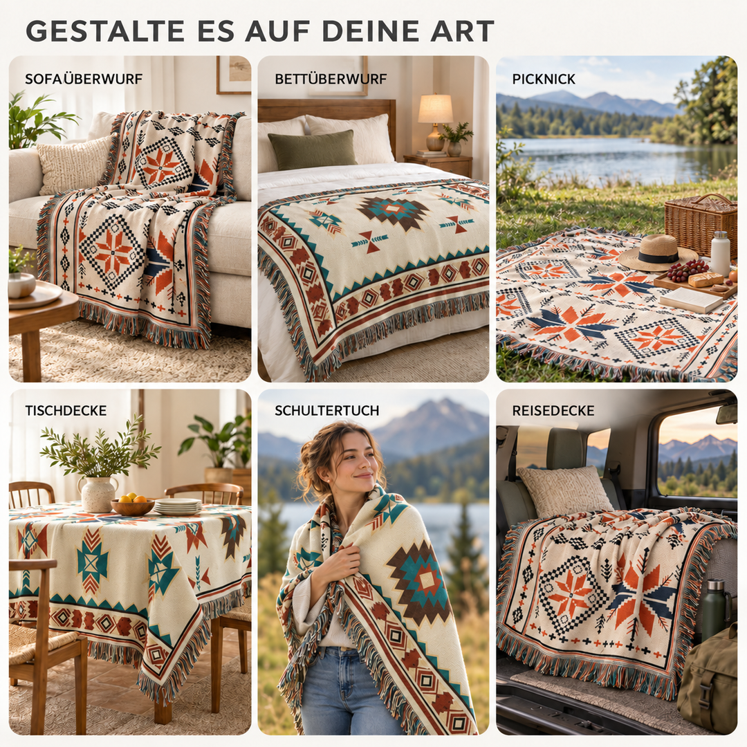 Webdecke im Ethno-Stil mit geometrischem Muster und dekorativen Fransen als Heimtextil