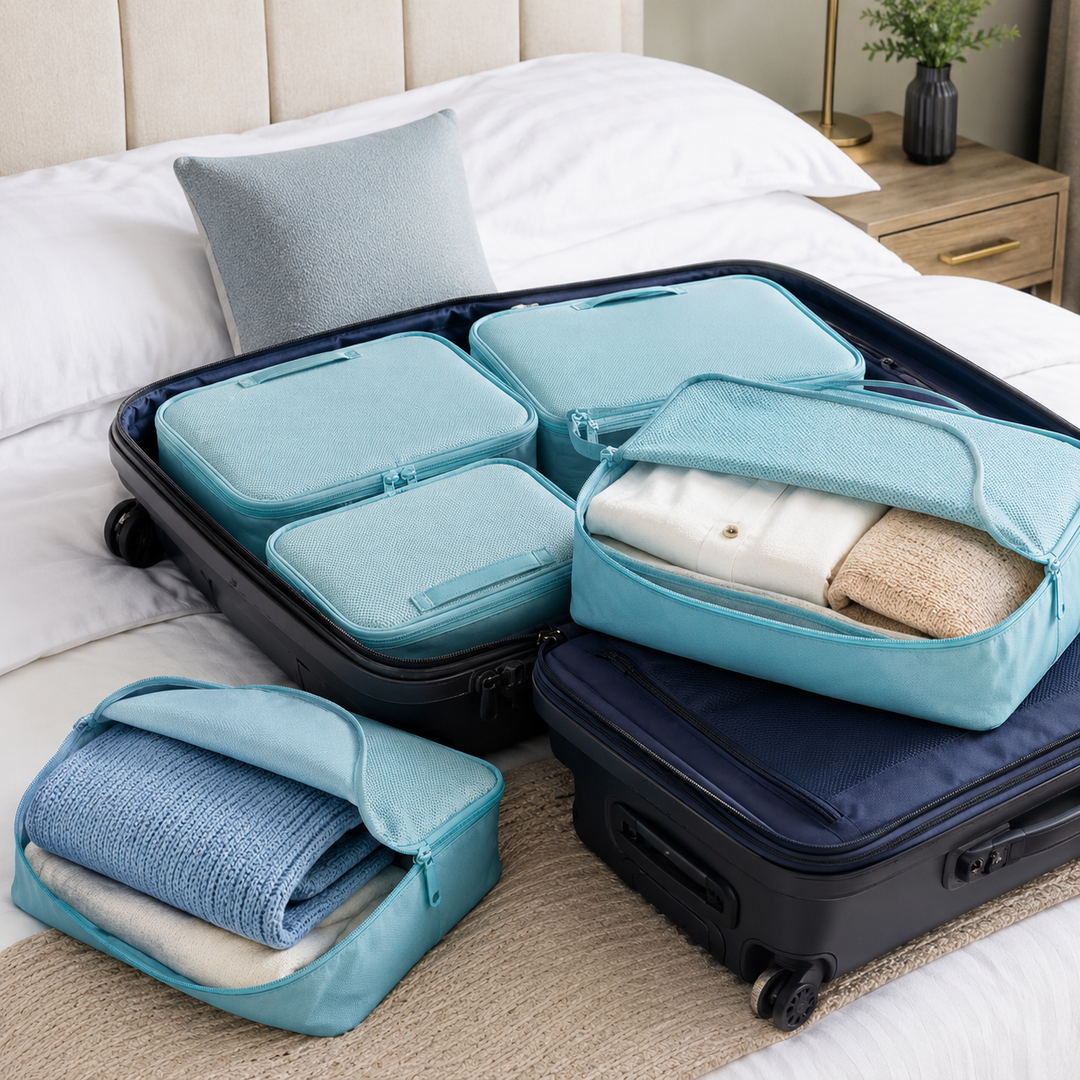 Innovative Packwürfel aus Oxford-Gewebe für eine optimierte Reisetasche.