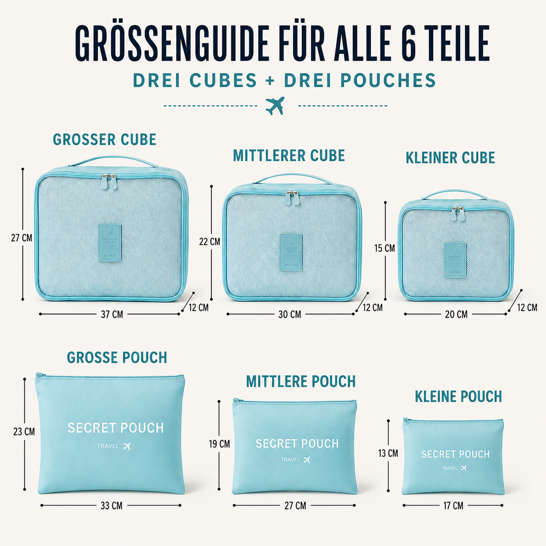 Packwürfel-Set für Reisetaschen, optimiert für platzsparendes Verstauen.