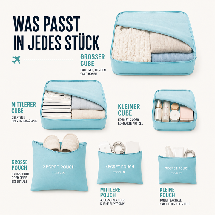 Reiseorganizer-Set aus atmungsaktivem Stoff, ideal für lange Reisen.