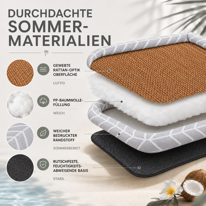 Explosionsansicht der verschiedenen Schichten des Haustierbetts von Rattan-Optik bis rutschfester Basis.