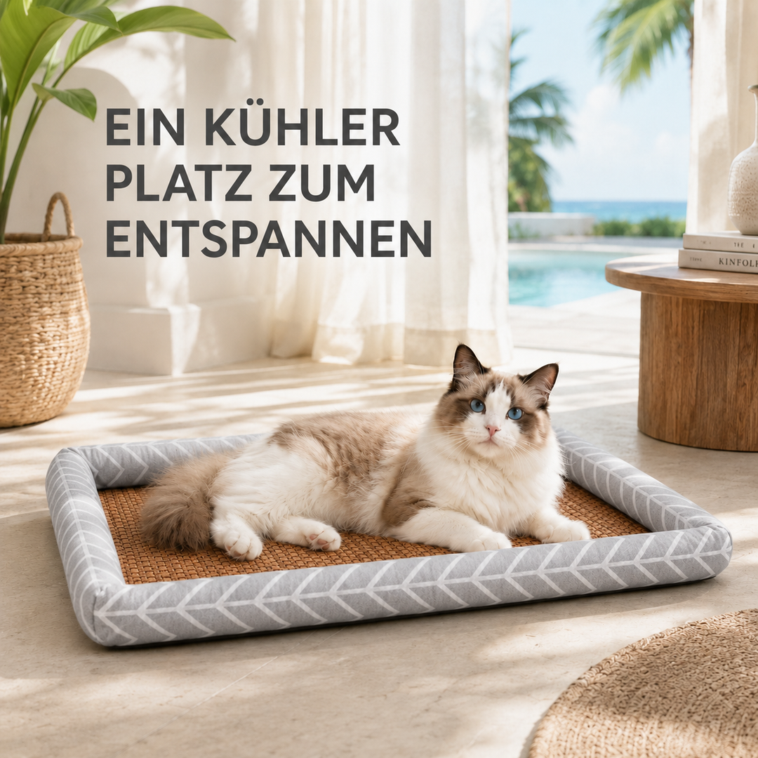 Kühlendes Haustierbett für Katzen und Hunde in stilvoller Wohnumgebung mit sommerlichem Ambiente.