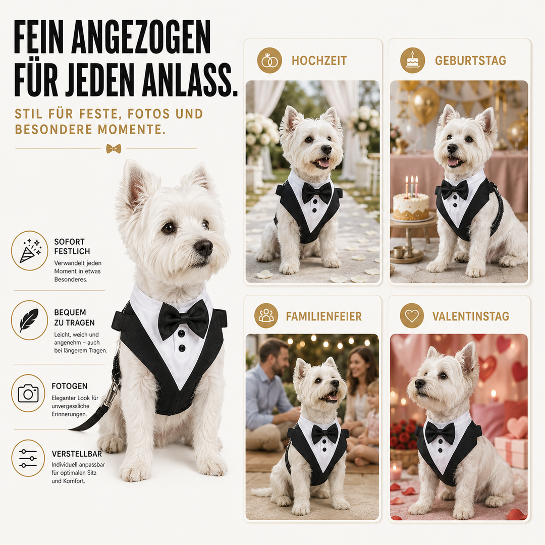 Schickes Hunde-Smoking-Set mit Fliege, komfortabel und verstellbar für besten Sitz am Hund.