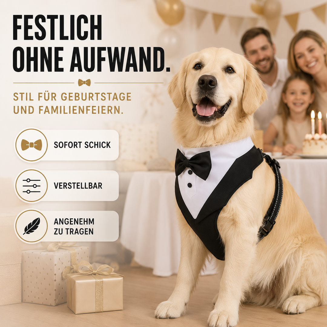 Verstellbares Smoking-Geschirr für Hunde mit abnehmbarer Fliege, ideal für Hochzeiten und Partys.