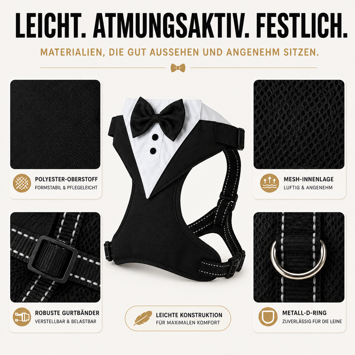 Hundegeschirr im Smoking-Stil mit Fliege, perfekt für besondere Anlässe und Fotoshootings.