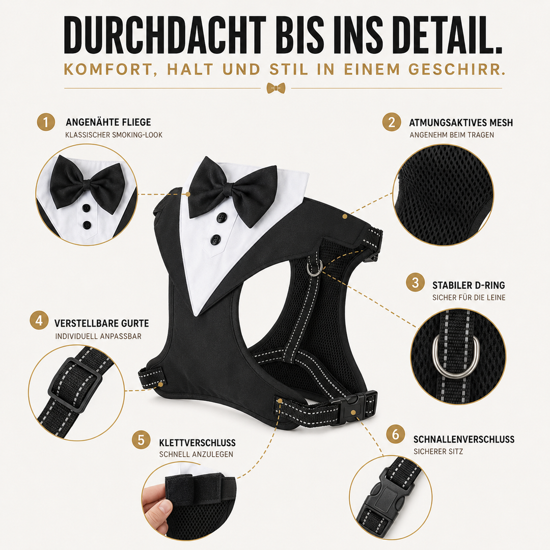 Festliches Westengeschirr für kleine bis mittlere Hunde, Schwarz mit eleganter Fliege.