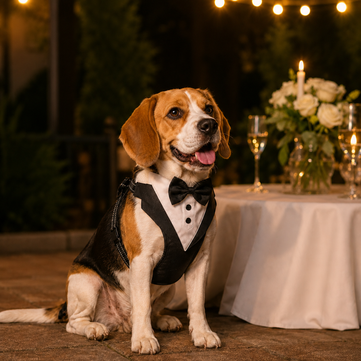 Elegantes Hundegeschirr: Schwarzes Smoking-Design mit Fliege, perfekt für den stilvollen Auftritt.