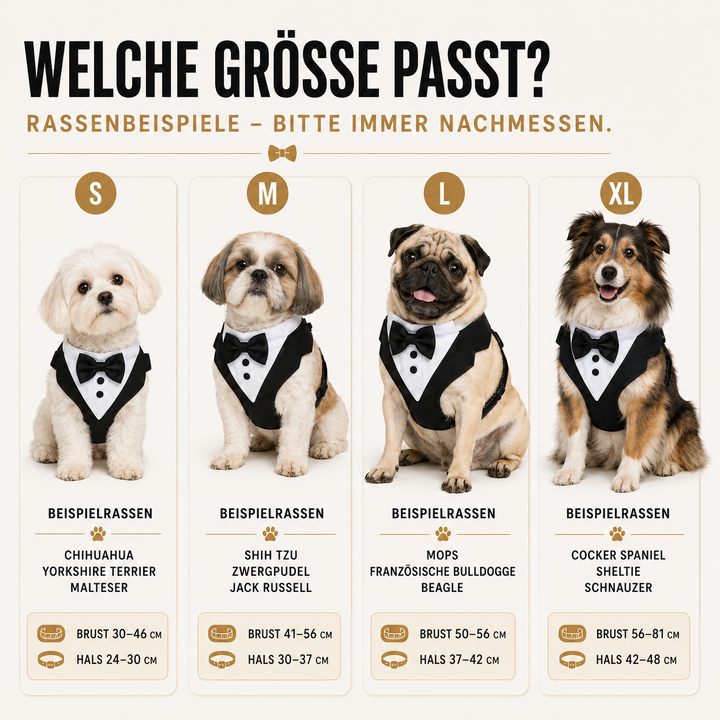 Smoking-Geschirr für den Hund mit klassischer Fliege, macht jeden Vierbeiner elegant und stilvoll.