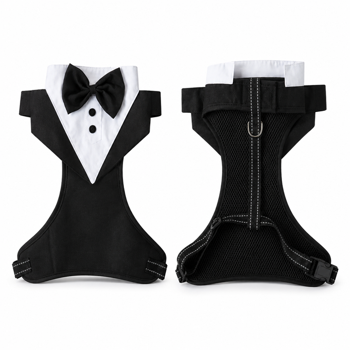 Festliches Hundegeschirr im Smoking-Design, bequem und stilvoll für jeden eleganten Anlass.