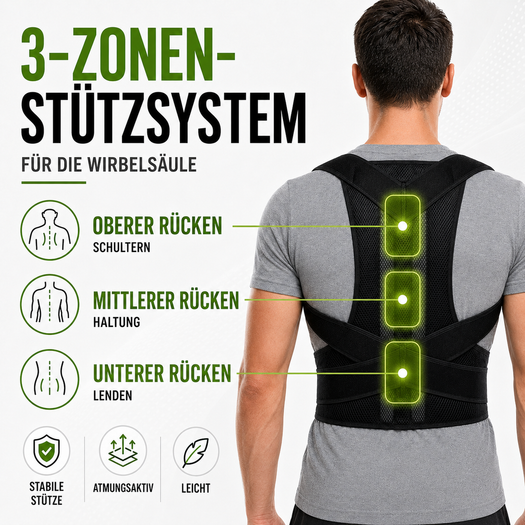 Unisex Rückenstütze mit verstellbaren Riemen. Fördert aufrechte Haltung & lindert Rückenschmerzen im Alltag.