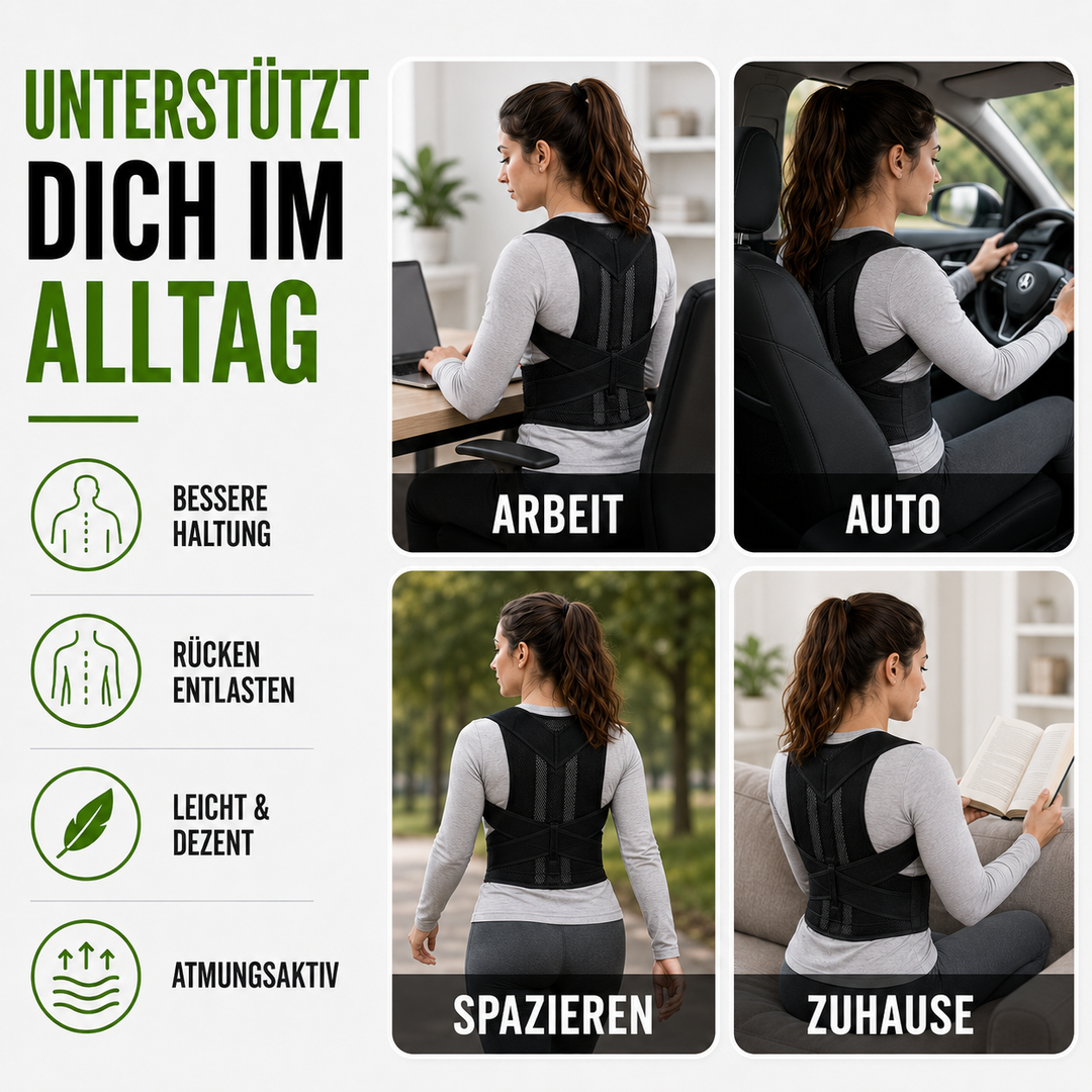 Ergonomische Haltungsstütze, verstellbar für optimalen Komfort. Fördert Rückengesundheit & korrigiert die Haltung.