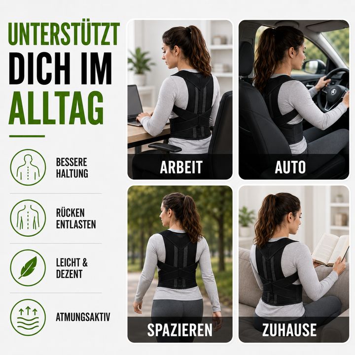 Ergonomische Haltungsstütze, verstellbar für optimalen Komfort. Fördert Rückengesundheit & korrigiert die Haltung.