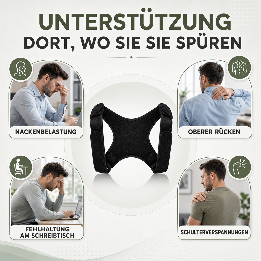 Schwarze Schulterstütze & Haltungstrainer für Schmerzreduktion & optimale Rückengesundheit.