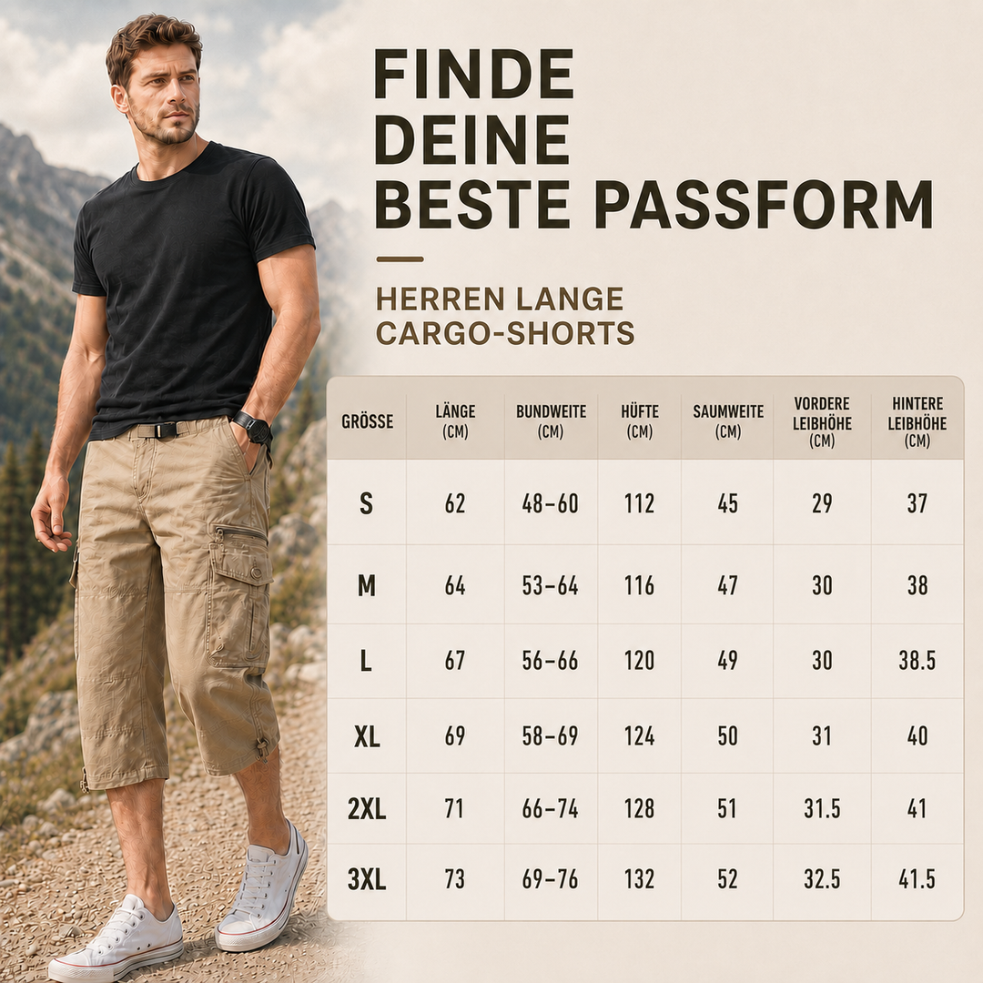Bequeme Herren Capri-Cargo-Shorts, schnelltrocknend & robust. Perfekt für Wandern und Freizeit.
