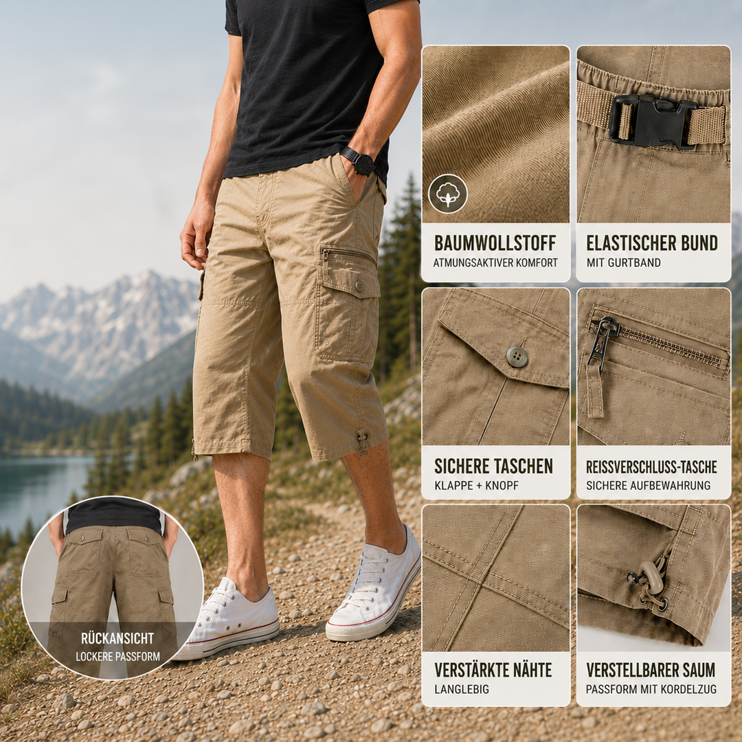 Robuste Herren Cargo-Wandershorts (Capri-Länge), schnelltrocknend & bequem. Perfekt für Sommer-Outdoor.