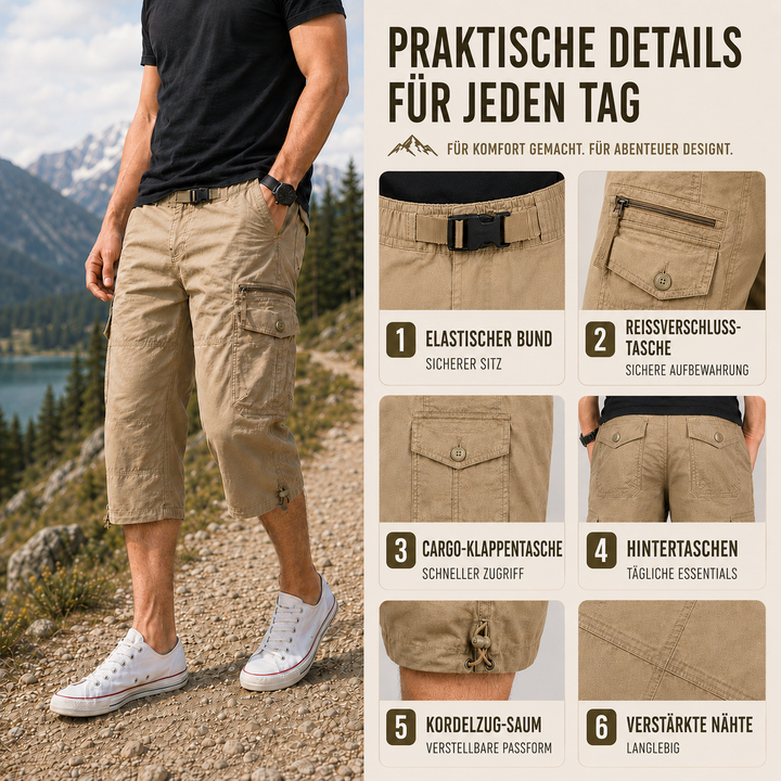 Vielseitige Herren Capri-Shorts: schnelltrocknend, robust & ideal als Cargo-Wandershorts für Freizeit.