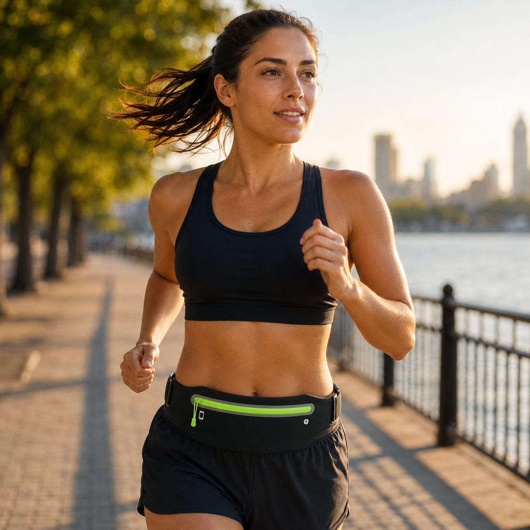 Vielseitiger Unisex Laufgürtel in Schwarz, Grau & Grün. Wasserfester Sportgürtel mit Handyfach für sicheres Training.