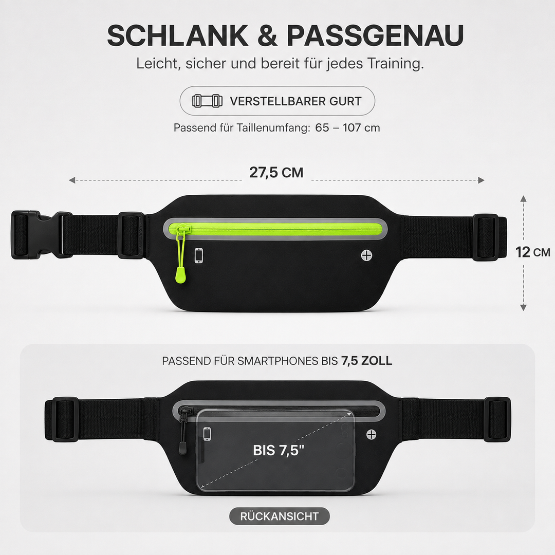 Grafik des Laufgürtels mit Abmessungen (27,5 cm x 12 cm) und Kompatibilität für Smartphones bis 7,5 Zoll