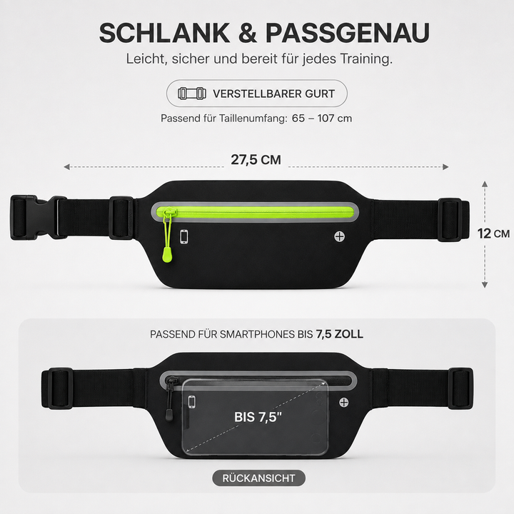 Grafik des Laufgürtels mit Abmessungen (27,5 cm x 12 cm) und Kompatibilität für Smartphones bis 7,5 Zoll
