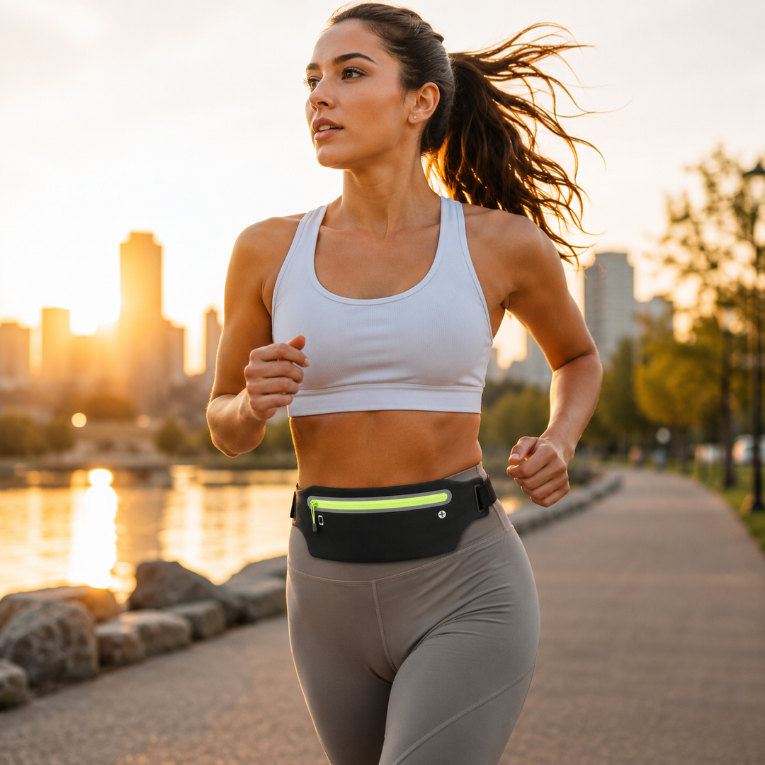 Flexibler Unisex Laufgürtel mit verstellbarem Riemen. Wasserfeste Hüfttasche für alle Smartphones. Perfekt für Fitness.