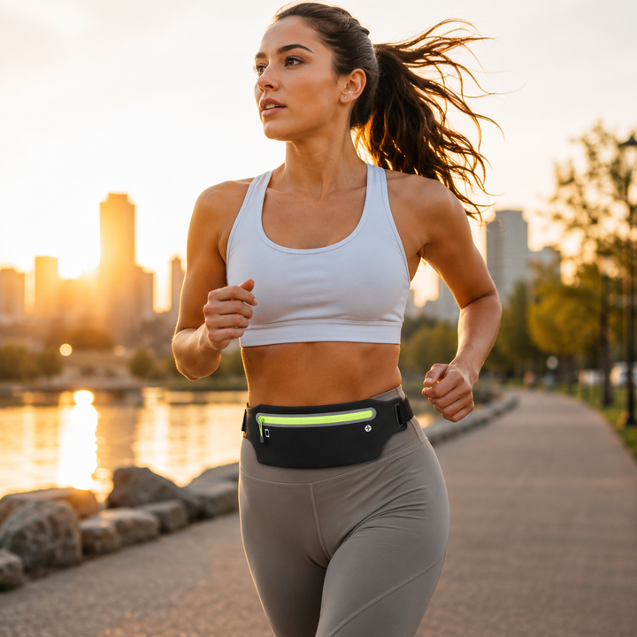 Flexibler Unisex Laufgürtel mit verstellbarem Riemen. Wasserfeste Hüfttasche für alle Smartphones. Perfekt für Fitness.