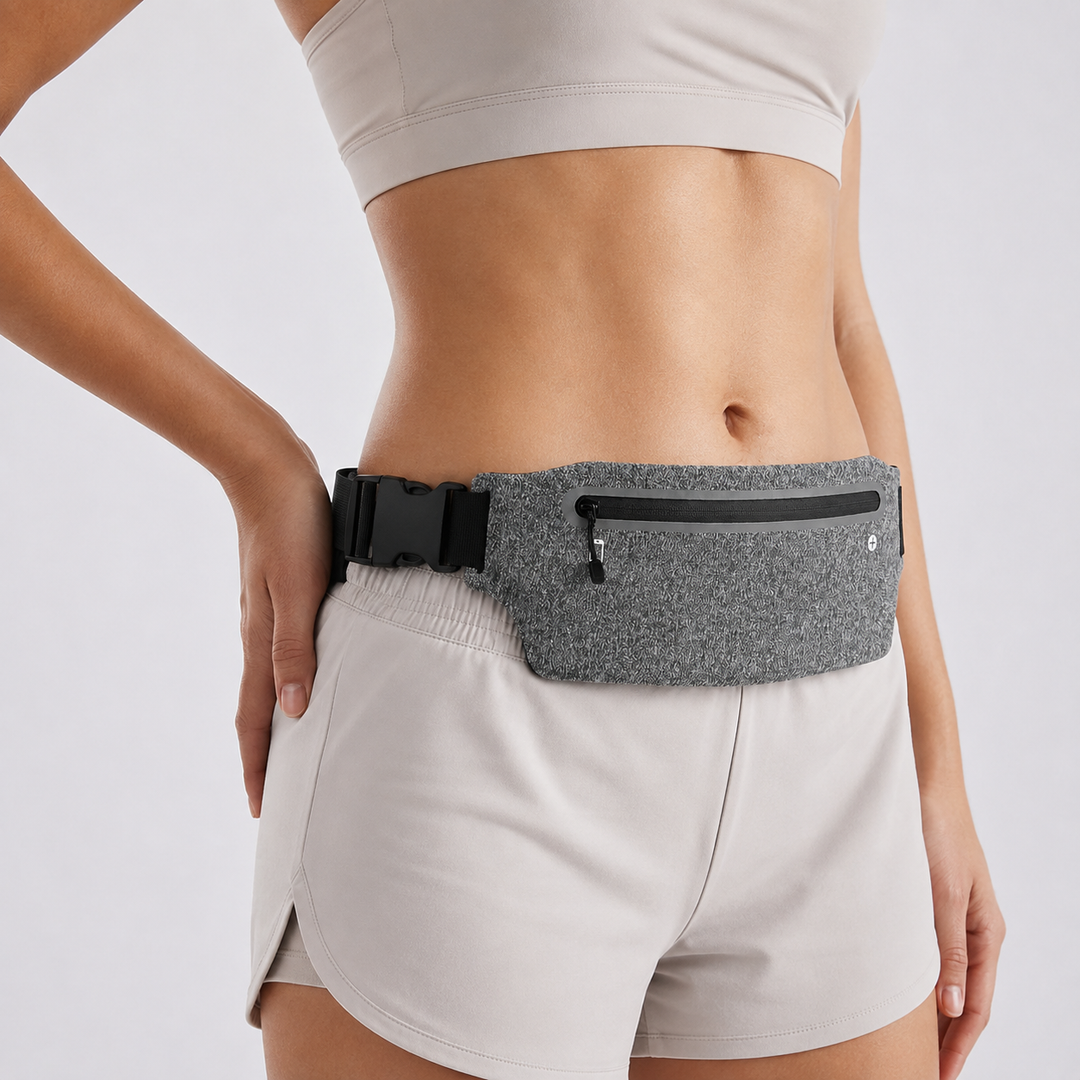 Mann trägt bequemen schwarzen Unisex Laufgürtel mit Smartphonehalterung beim Joggen. Ideal für Fitness & Outdoor-Sport.