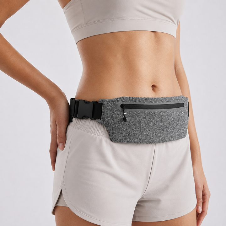 Mann trägt bequemen schwarzen Unisex Laufgürtel mit Smartphonehalterung beim Joggen. Ideal für Fitness & Outdoor-Sport.